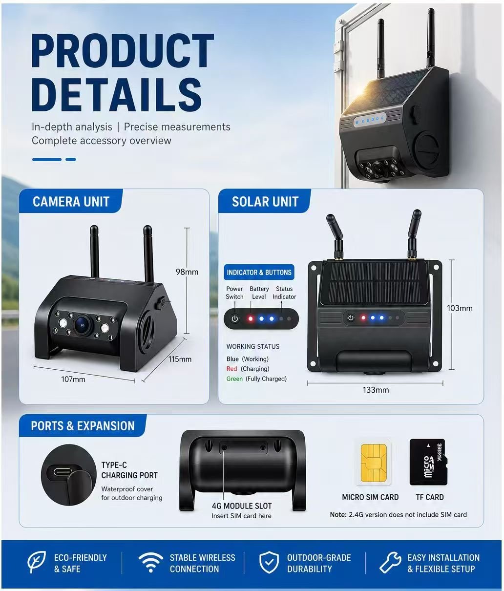 DANSKER B3s solar 4G vehicle camera product details and connectivity ports